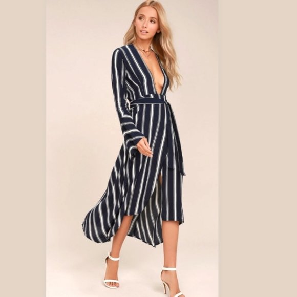 Faithfull the Brand Carioca Navy Blue Striped Wrap Dress Sz 6 - Picture 3 of 10